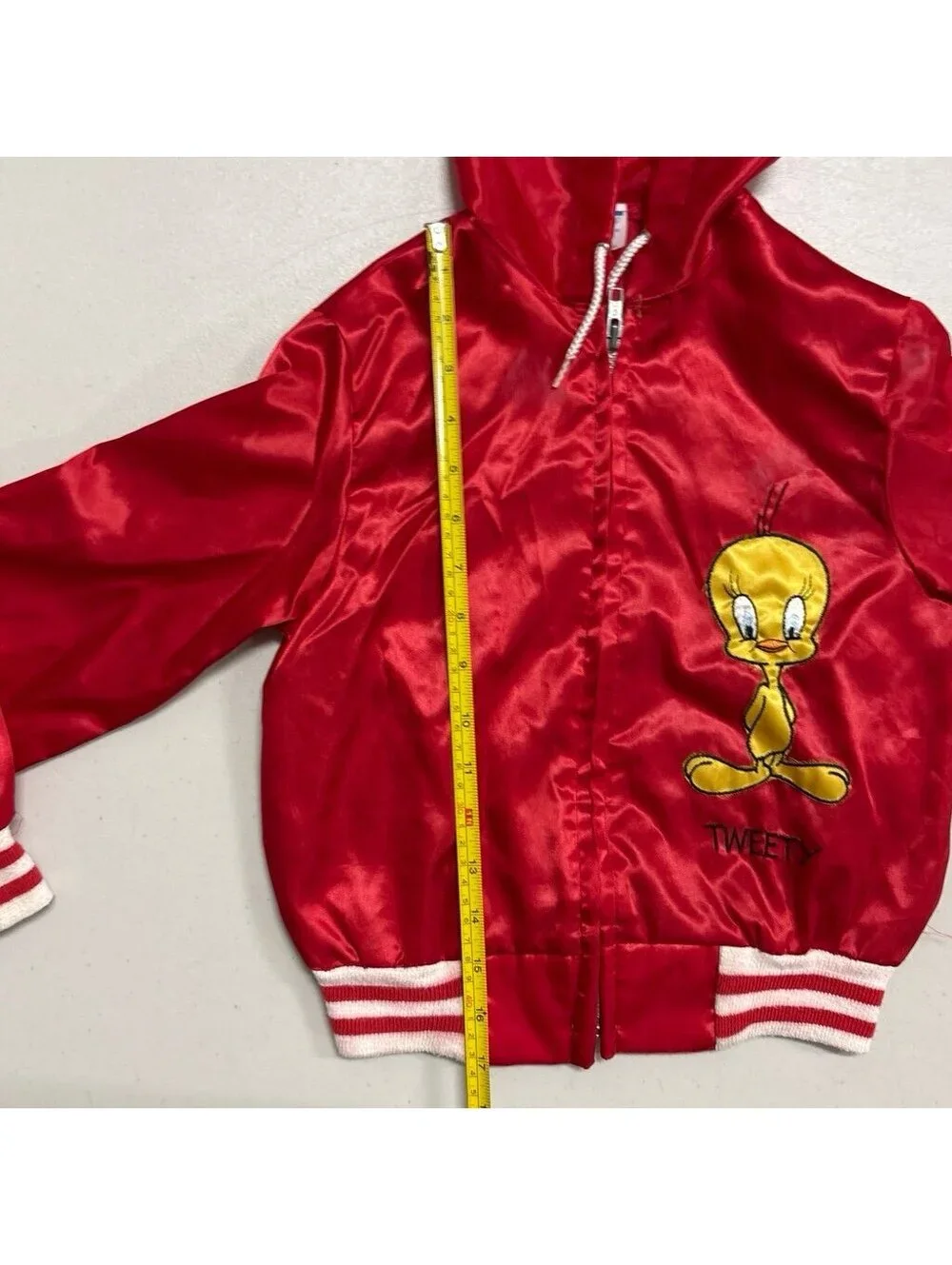 Vtg Sears Tweety Bird Kids Satin Bomber Hoodie Jacket Looney Tunes Red Sz 7-8 S